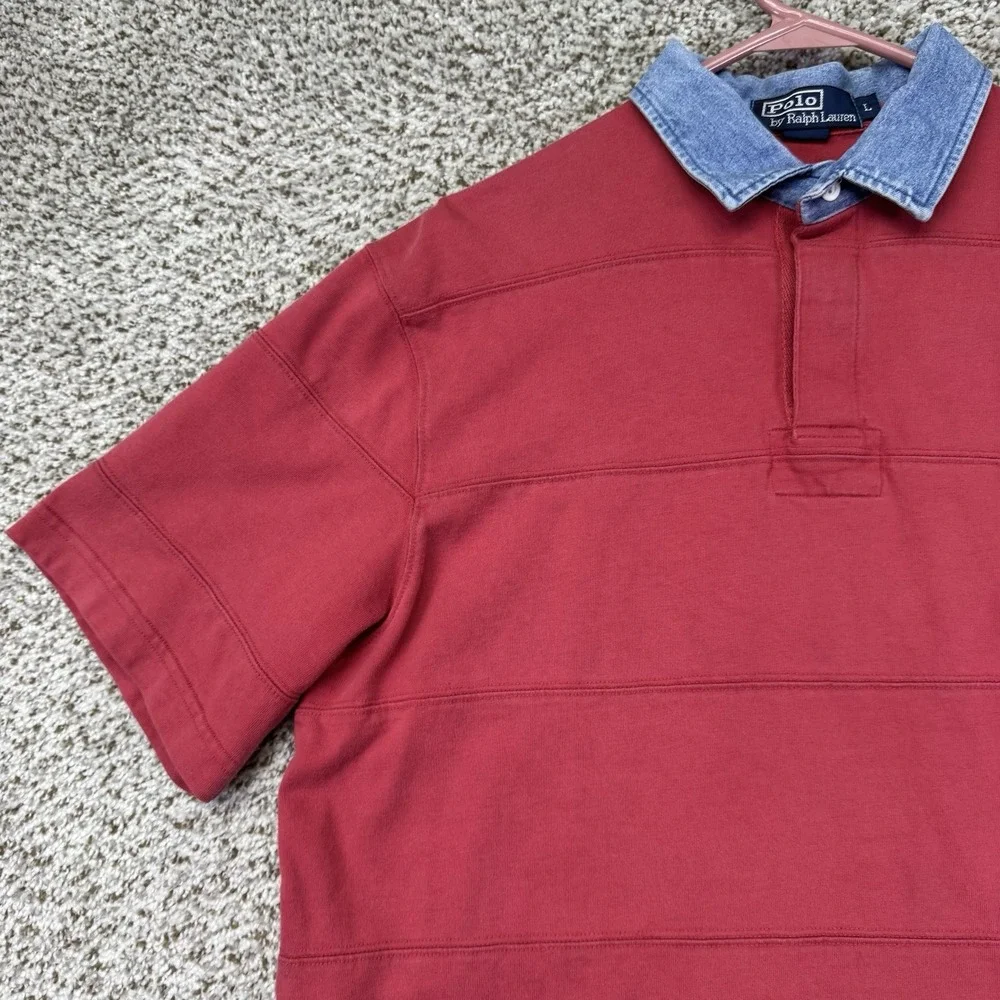 Vintage 90s Polo Ralph Lauren Polo Shirt Men's Size Large Red Denim Collar Rugby